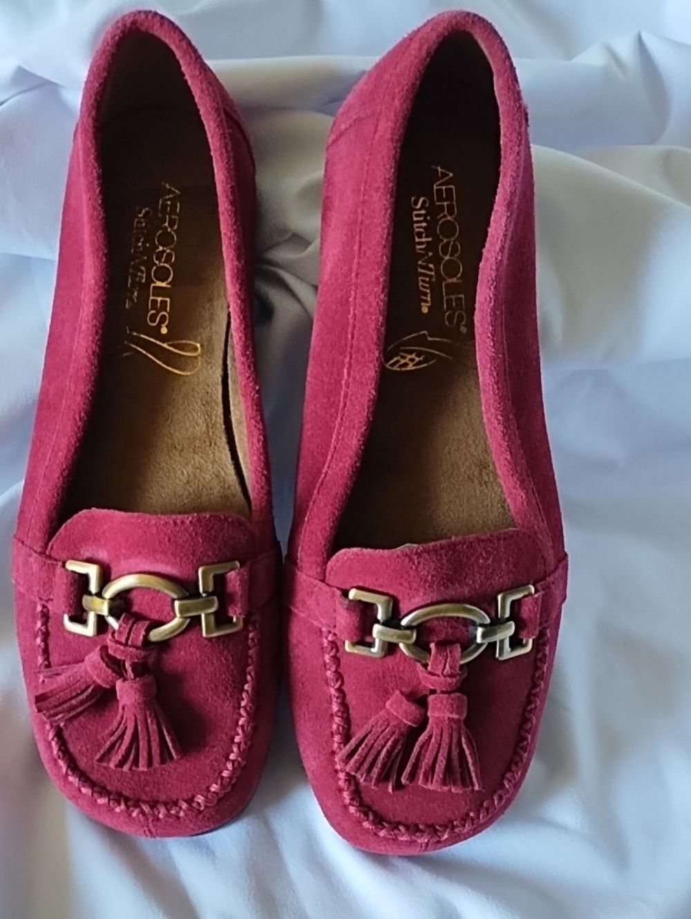 AEROSOLES Raspberry Suede Tassel Loafers with Gold Hardware